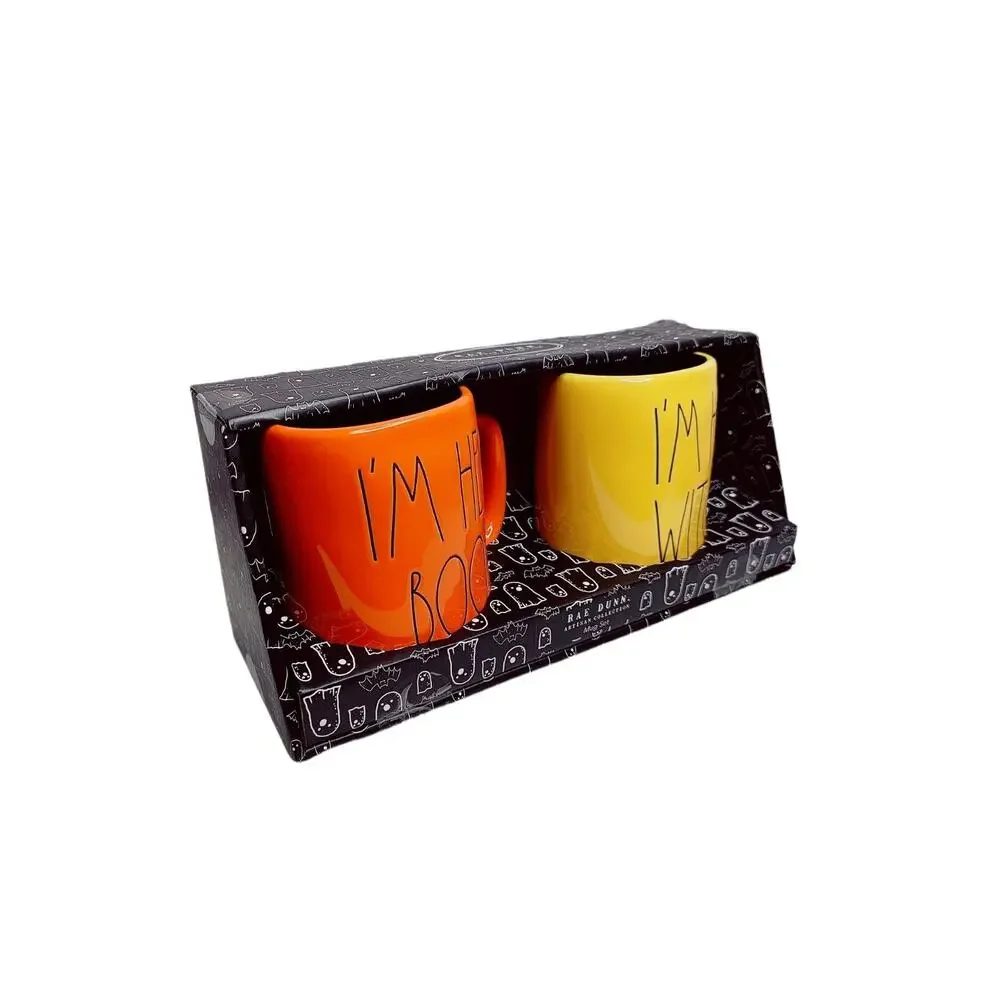 Rae‎ Dunn I’m Her BOO I’m His WITCH Orange & Yellow Coffee Tea Mug Set Halloween